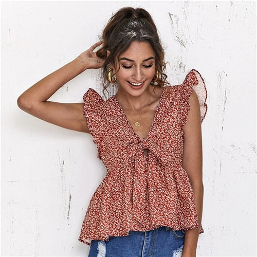 Women Summer V Neck Sleeveless Ladies Ditsy Floral Boho Cute Tops | Vimost Shop.
