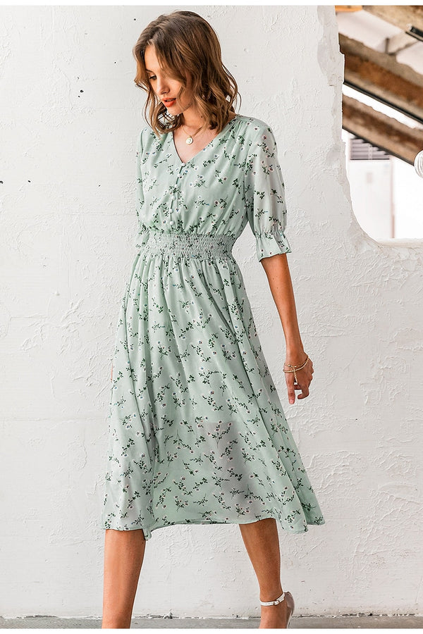 Women floral print dress Elegant puff sleeve a line v neck sash dress | Vimost Shop.