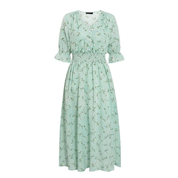 Women floral print dress Elegant puff sleeve a line v neck sash dress | Vimost Shop.