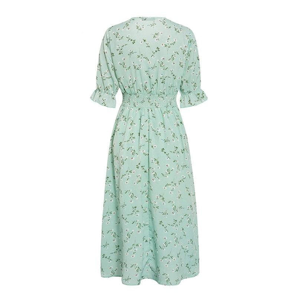 Women floral print dress Elegant puff sleeve a line v neck sash dress | Vimost Shop.