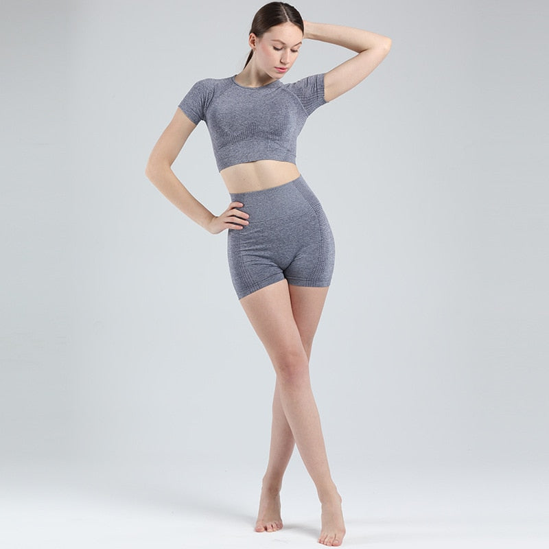 Women Short Sleeve Shirt Yoga Set 2PCS Vital Seamless Sport Suit Gym Clothes Fitness Crop Top Shirt High Waist Shorts Tights | Vimost Shop.