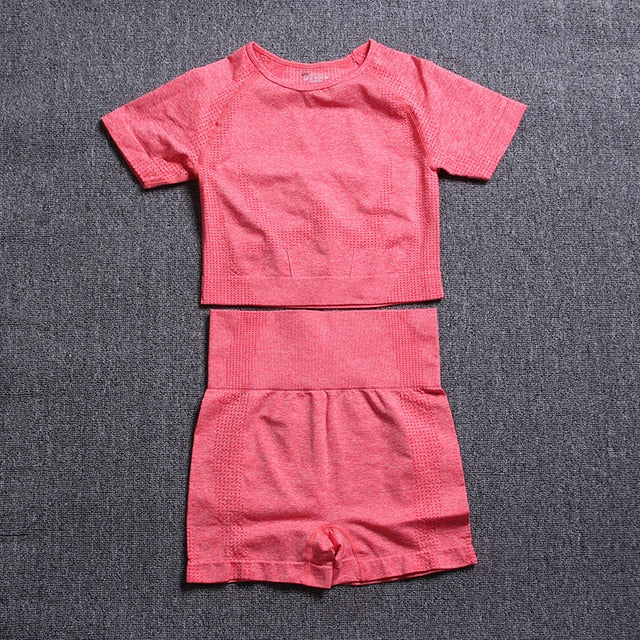 Women Short Sleeve Shirt Yoga Set 2PCS Vital Seamless Sport Suit Gym Clothes Fitness Crop Top Shirt High Waist Shorts Tights | Vimost Shop.