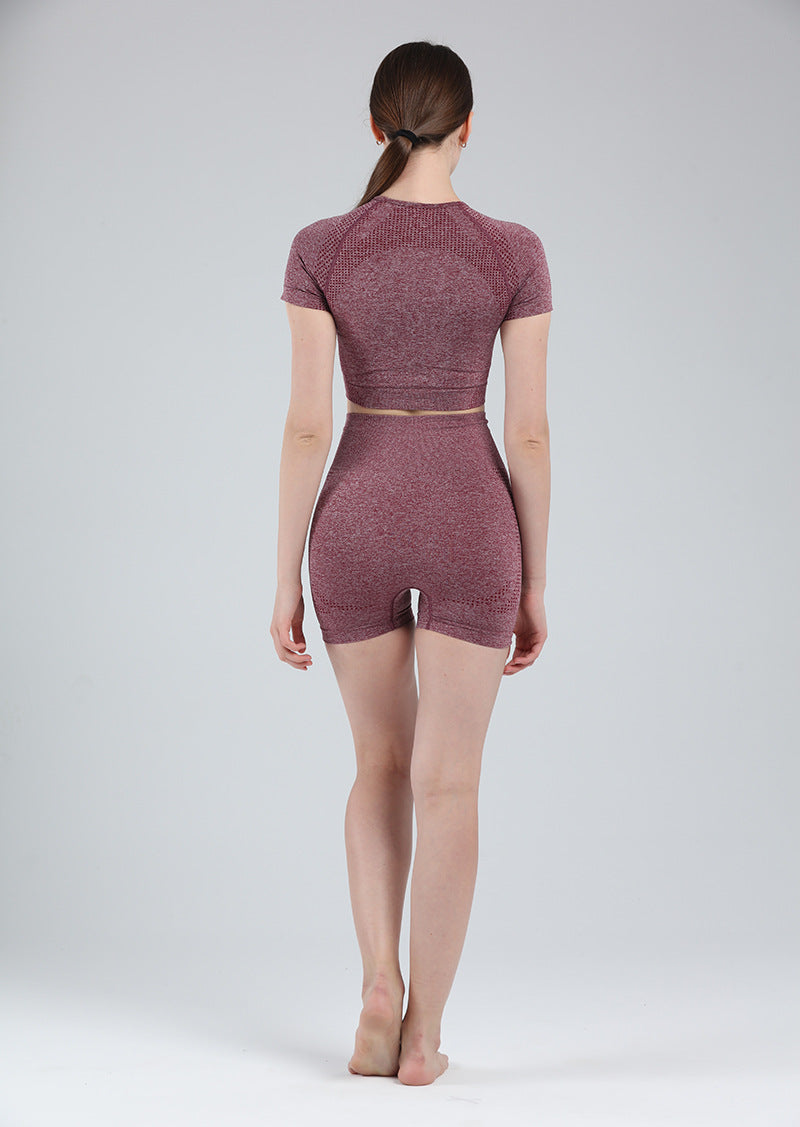 Women Short Sleeve Shirt Yoga Set 2PCS Vital Seamless Sport Suit Gym Clothes Fitness Crop Top Shirt High Waist Shorts Tights | Vimost Shop.