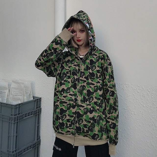 Japanese Shark Camouflage Print Zipper Sweatshirts | Vimost Shop.