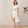 White Puff Sleeve Single Breasted Split Hem Belted Dress Women Summer Short Sleeve O-neck Fitted Boho Long Dresses | Vimost Shop.