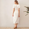 White Puff Sleeve Single Breasted Split Hem Belted Dress Women Summer Short Sleeve O-neck Fitted Boho Long Dresses | Vimost Shop.