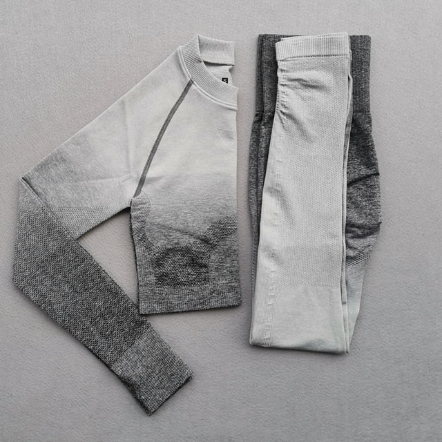 Women Yoga Set Gym Clothing Ombre Seamless Gradient Leggings+Long sleeve Top Workout Sport Suit Women Fitness Set Active Wear | Vimost Shop.