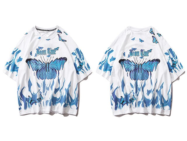 Hip Hop Blue Flame Butterfly Printed T Shirt Men Harajuku Fashion Streetwear Short Sleeve Casual Cotton Tops Tees | Vimost Shop.
