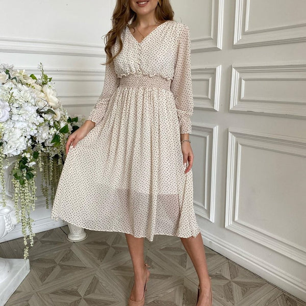 Women floral print dress Elegant puff sleeve a line v neck sash dress | Vimost Shop.