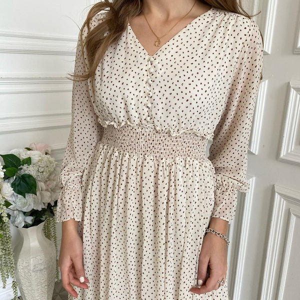 Women floral print dress Elegant puff sleeve a line v neck sash dress | Vimost Shop.