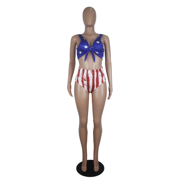 Popular Women's Swimming Sets Independence Day National Day USA Flag Printed Two-Piece Swimsuit Blue Stars Bra tankini swimsuits | Vimost Shop.