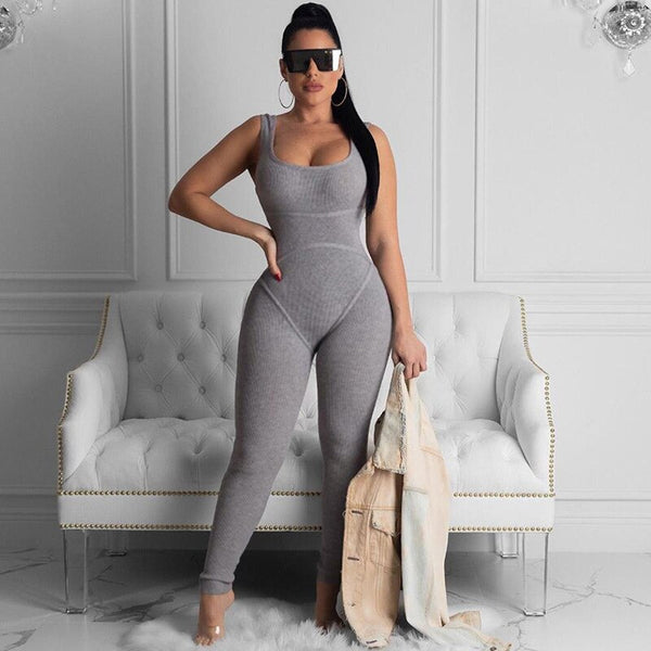 Sportwear Jumpsuit Knit Rib Bodycon Solid Streetwear Outfit Casual Pants Bodycon Fitness Rompers Womens Jumpsuit Summer | Vimost Shop.