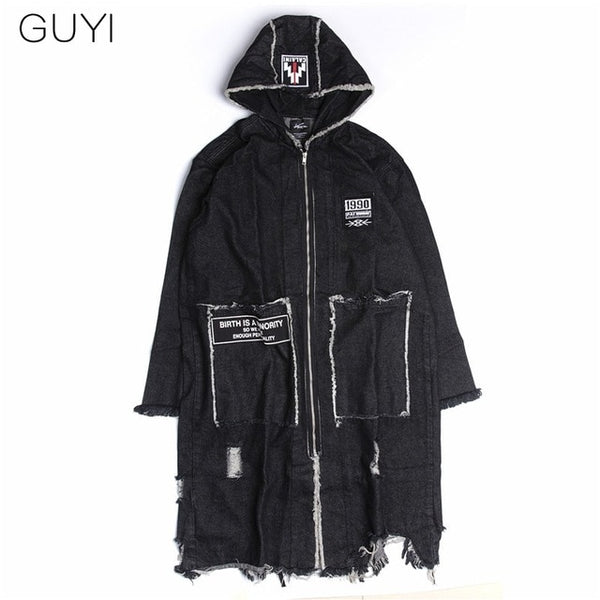 Hip Hop Hole Hooded Long Trench Jackets Coats Men Raw Edge Cloak Male Capes Gothic Punk Steampunk Overcoat Print Denim Full GUYI | Vimost Shop.