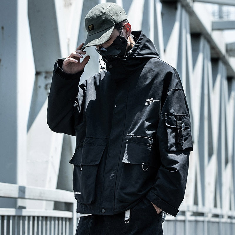 Letter Black Multi-pocket Men's Hip Hop Cargo Jackets Coats Streetwear Cardigan Zipper Casual Techwear Hooded Men Outerwear Top | Vimost Shop.