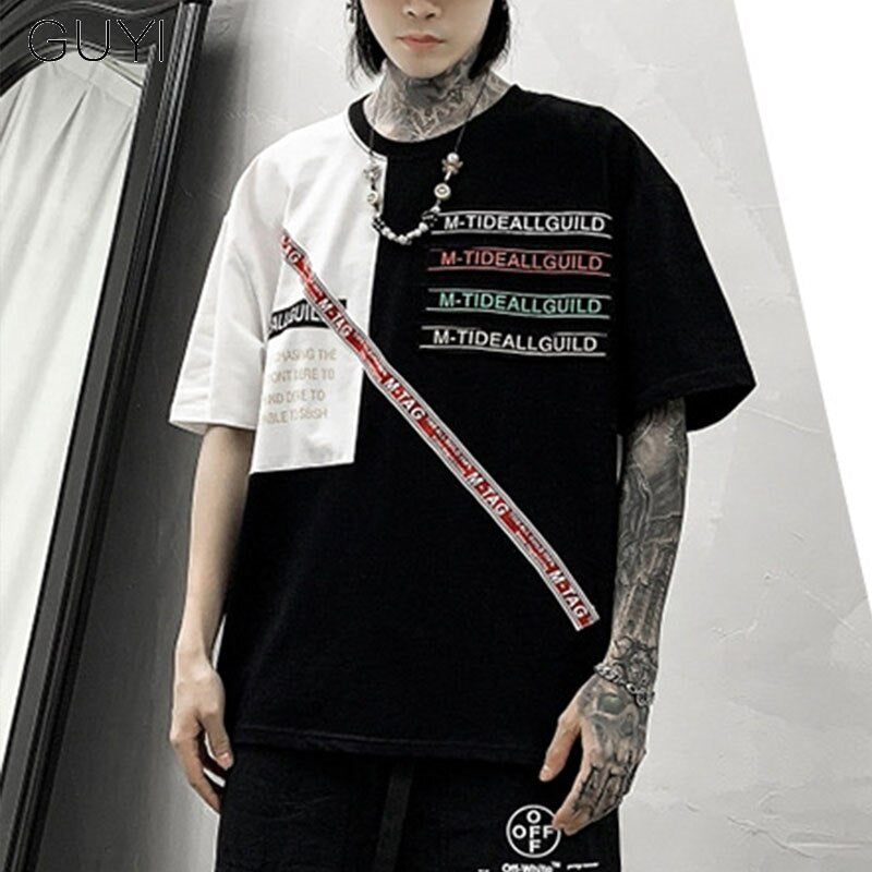 Letter Ribbons Sticker Hip Pop T-shirt for Men Patchwork Tops & Tees Casual T Shirt Streetwear Dance Hit Color Tshirt Print | Vimost Shop.