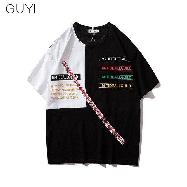Letter Ribbons Sticker Hip Pop T-shirt for Men Patchwork Tops & Tees Casual T Shirt Streetwear Dance Hit Color Tshirt Print | Vimost Shop.