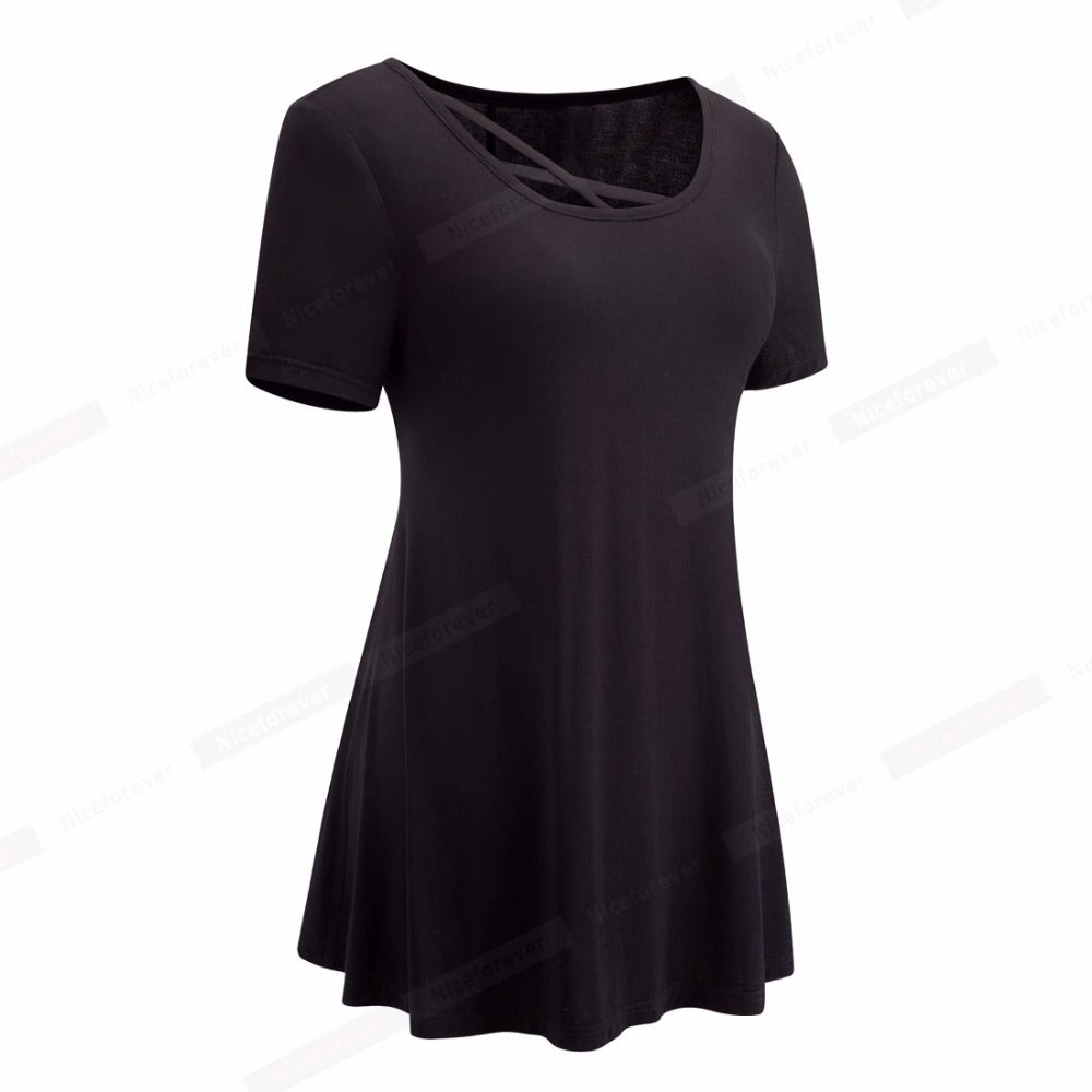 Nice-forever Summer Brief Casual T-shirts Women Short Sleeve Soft Hollow Out Crisscross O-Neck Loose Tees tops btyT012 | Vimost Shop.