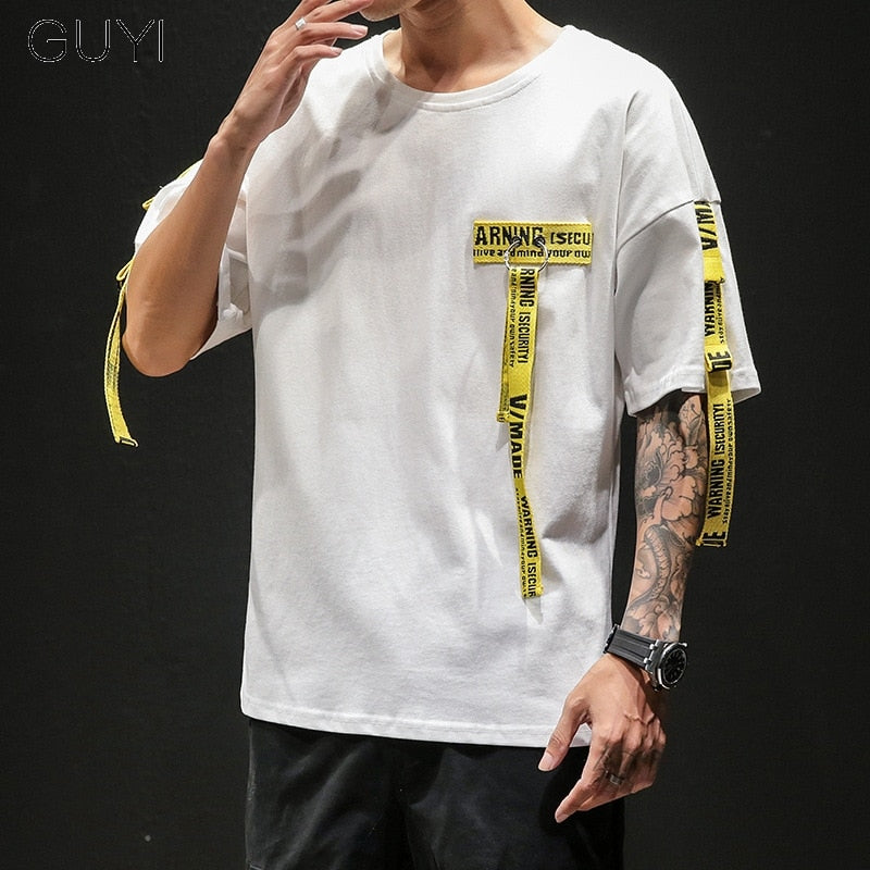 Tag T Shirt O-neck Off Tops Tees Male Boy White Casual Fashion Streetwear Gold Side Stripe Men Short Sleeve Black Patchwork | Vimost Shop.