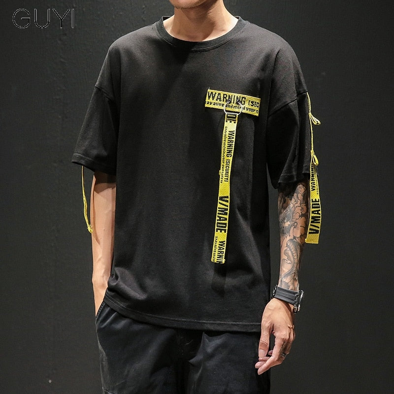 Tag T Shirt O-neck Off Tops Tees Male Boy White Casual Fashion Streetwear Gold Side Stripe Men Short Sleeve Black Patchwork | Vimost Shop.