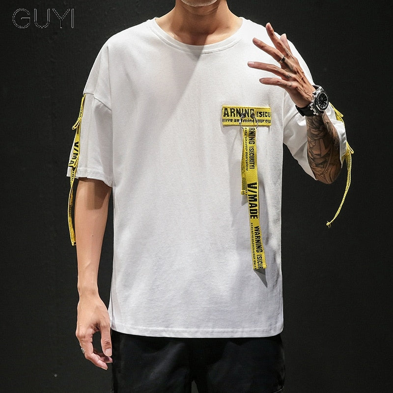 Tag T Shirt O-neck Off Tops Tees Male Boy White Casual Fashion Streetwear Gold Side Stripe Men Short Sleeve Black Patchwork | Vimost Shop.