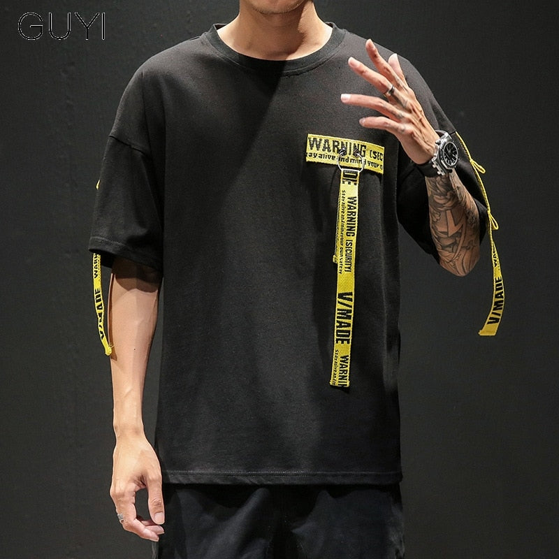 Tag T Shirt O-neck Off Tops Tees Male Boy White Casual Fashion Streetwear Gold Side Stripe Men Short Sleeve Black Patchwork | Vimost Shop.
