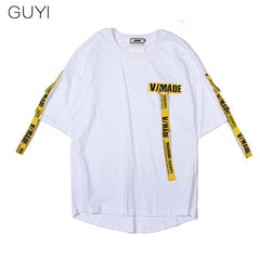 Tag T Shirt O-neck Off Tops Tees Male Boy White Casual Fashion Streetwear Gold Side Stripe Men Short Sleeve Black Patchwork | Vimost Shop.