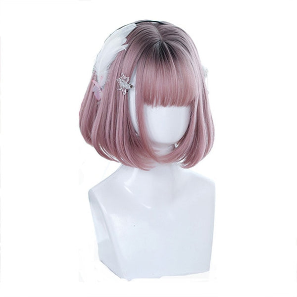 Mixed Blue Bob Lolita Wigs with Bangs Short Harajuku Cosplay Wig Pink Wig Heat Resistant Synthetic Hair Party | Vimost Shop.