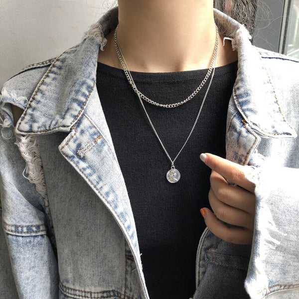 Harajuku stainless steel multi layer necklace women cuban chain statement coin pendant choker kpop fashion jewellery | Vimost Shop.