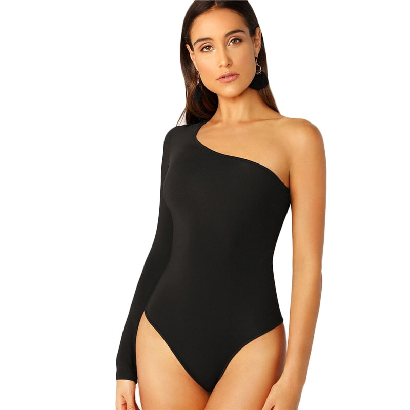 One Shoulder Form Fitting Bodysuit Stretchy Sexy Solid Long Sleeve Basics Bodysuits | Vimost Shop.