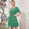 Green Ditsy Floral Surplice Front Ruffle Hem Dress Women V Neck Short Sleeve Summer Boho High Waist Short A Line Dresses | Vimost Shop.