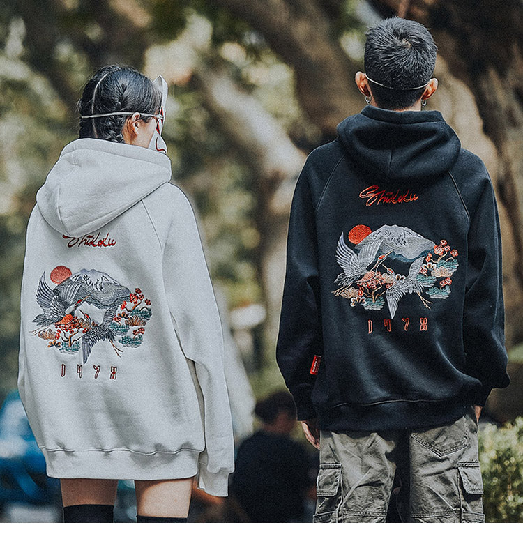 Men Hip Hop Streetwear Hoodie Harajuku Embroidery Crane Kanji | Vimost Shop.