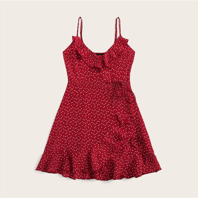 Ruffle Detail Self Tie Wrap Slip Mini Dress Women Boho Sleeveless V Neck Summer Dress Ladies Slim Beach Dress | Vimost Shop.