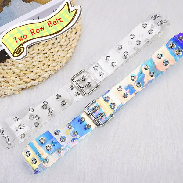 Transparent Two Row PVC Belt Women Fashion Laser Invisible Square Pin Buckle Multihole Dazzling Belts For Ladies Waistband | Vimost Shop.