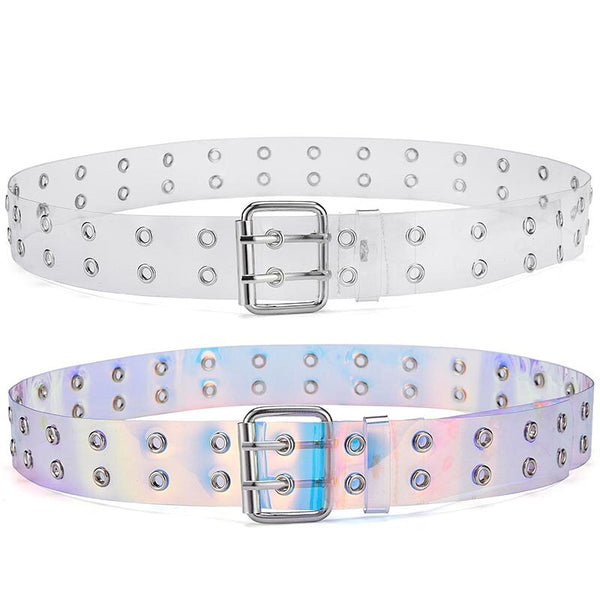 Transparent Two Row PVC Belt Women Fashion Laser Invisible Square Pin Buckle Multihole Dazzling Belts For Ladies Waistband | Vimost Shop.