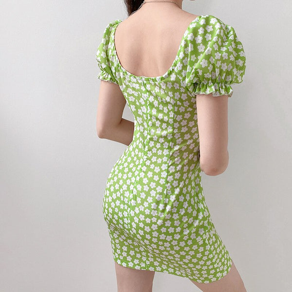 Floral Casual Dress Women Green Slim Elegant Club Mini Floral Dress Ruched Bow Off Shoulder Summer Dresses Casual Retro | Vimost Shop.