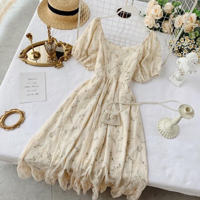 High Waist Casual Party Dress Summer Fashion O Neck Short Puff Sleeve Foamlina Women Vintage Style Floral Lace Dress | Vimost Shop.