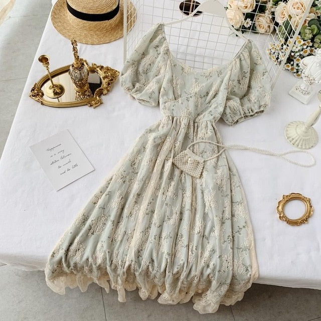 High Waist Casual Party Dress Summer Fashion O Neck Short Puff Sleeve Foamlina Women Vintage Style Floral Lace Dress | Vimost Shop.