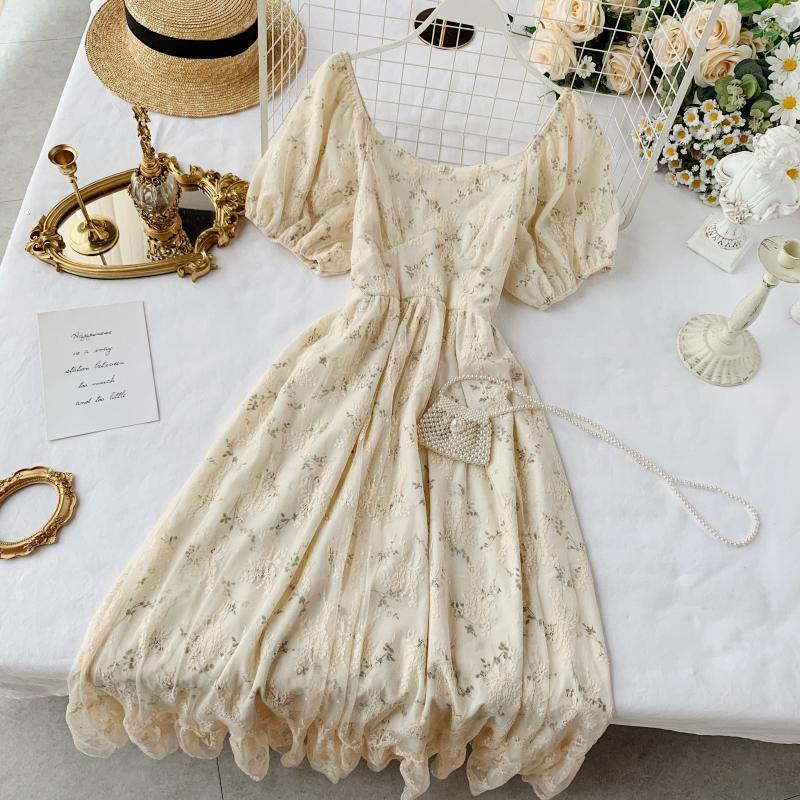 High Waist Casual Party Dress Summer Fashion O Neck Short Puff Sleeve Foamlina Women Vintage Style Floral Lace Dress | Vimost Shop.