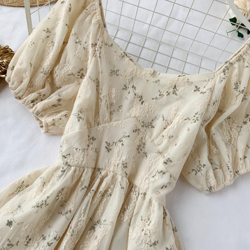 High Waist Casual Party Dress Summer Fashion O Neck Short Puff Sleeve Foamlina Women Vintage Style Floral Lace Dress | Vimost Shop.