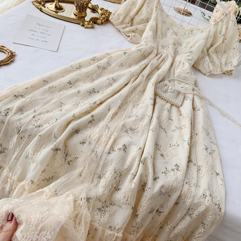 High Waist Casual Party Dress Summer Fashion O Neck Short Puff Sleeve Foamlina Women Vintage Style Floral Lace Dress | Vimost Shop.