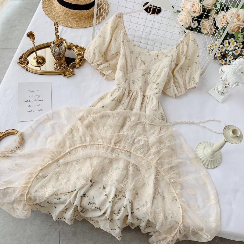 High Waist Casual Party Dress Summer Fashion O Neck Short Puff Sleeve Foamlina Women Vintage Style Floral Lace Dress | Vimost Shop.