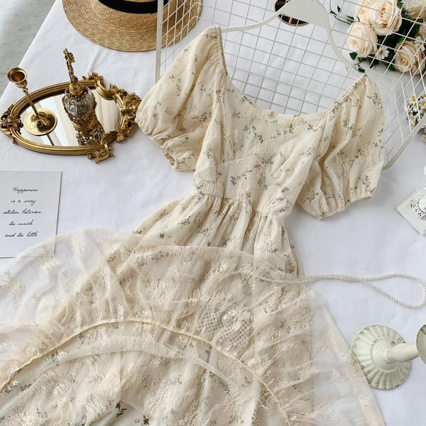 High Waist Casual Party Dress Summer Fashion O Neck Short Puff Sleeve Foamlina Women Vintage Style Floral Lace Dress | Vimost Shop.