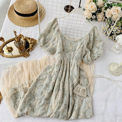 High Waist Casual Party Dress Summer Fashion O Neck Short Puff Sleeve Foamlina Women Vintage Style Floral Lace Dress | Vimost Shop.