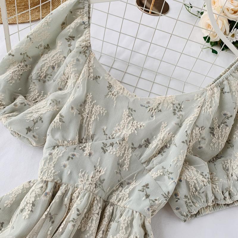 High Waist Casual Party Dress Summer Fashion O Neck Short Puff Sleeve Foamlina Women Vintage Style Floral Lace Dress | Vimost Shop.
