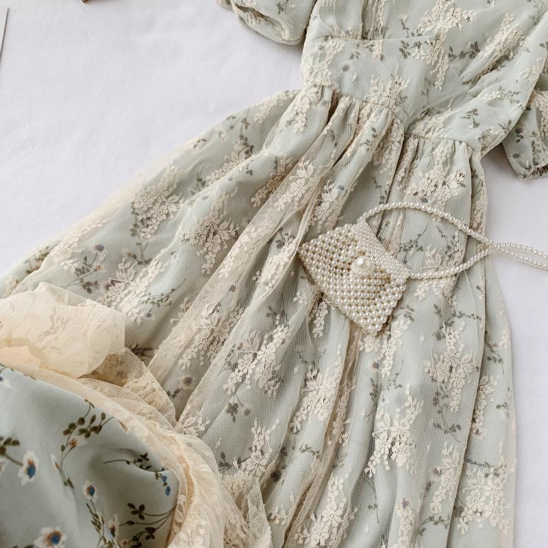 High Waist Casual Party Dress Summer Fashion O Neck Short Puff Sleeve Foamlina Women Vintage Style Floral Lace Dress | Vimost Shop.
