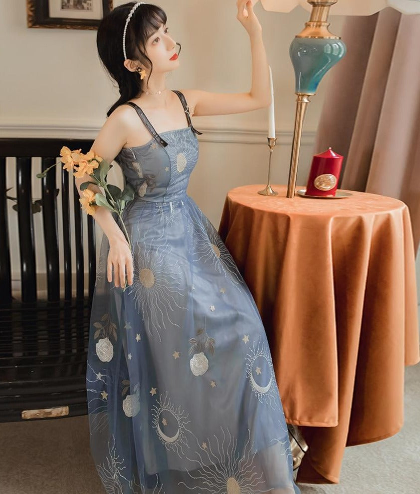 Star moon Embroidery spaghetti strap Haze blue mesh yarn Backless dress French retro long strap dress women | Vimost Shop.