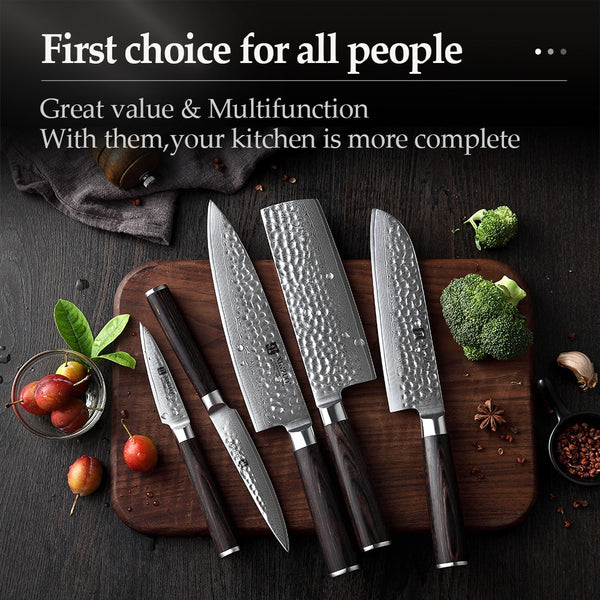 5 PCS Kitchen Knives Set VG10 Damascus Stainless Steel Sharp Chef Santoku Nakiri Slicing Paring Knife Pakkawood Handle | Vimost Shop.