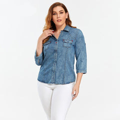 Women's Plus Size Denim Tops Shirt Spring Slim Fit Shirt Casual Shirt Woven Denim Three QuarterSleeve