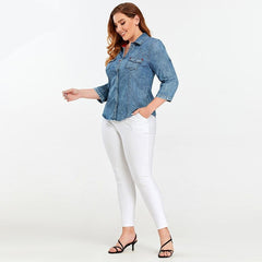 Women's Plus Size Denim Tops Shirt Spring Slim Fit Shirt Casual Shirt Woven Denim Three QuarterSleeve