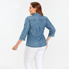 Women's Plus Size Denim Tops Shirt Spring Slim Fit Shirt Casual Shirt Woven Denim Three QuarterSleeve